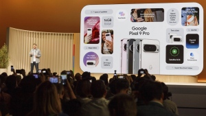 Brian Rakowski, Vice President of Product Management for Pixel phones and accessories, presents the new Google Pixel phones during new product announcements at Google on Tuesday, Aug. 13, 2024, in Mountain View, Calif. (AP Photo/Juliana Yamada)