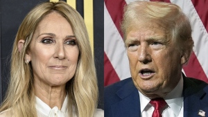 Celine Dion appears at a special screening of "I Am: Celine Dion" at Alice Tully Hall in New York on June 17, 2024, in New York, left, and Republican presidential candidate former President Donald Trump speaks at the National Association of Black Journalists (NABJ) convention in Chicago on July 31, 2024. (AP Photo)