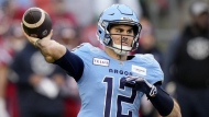 Argonauts coach Ryan Dinwiddie says recently reinstated quarterback Chad Kelly will start Thursday when the Argonauts host the Saskatchewan Roughriders. Kelly (12) makes the pass during first half CFL Eastern Division final football action against the Montreal Alouettes, in Toronto, Saturday, Nov. 11, 2023. THE CANADIAN PRESS/Frank Gunn