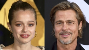 This combination of photos shows Shiloh Jolie at the London premiere of "Eternals" on Oct. 27, 2021, left, and Brad Pitt at a special screening of "Ad Astra" in Los Angeles on Sept. 18, 2019. (AP Photo)