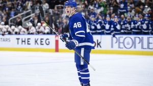 Toronto Maple Leafs centre Alex Steeves celebrates after scoring during second period NHL pre-season action against the Ottawa Senators in Toronto on Saturday, September 24, 2022. The Toronto Maple Leafs have re-signed forward Steeves to a one-year, two-way contract, the NHL club announced Wednesday. THE CANADIAN PRESS/Christopher Katsarov