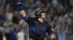 Toronto Blue Jays Addison Barger celebrates after hitting a walk off home run during ninth inning MLB baseball action against the Los Angeles Angels in Toronto on Friday August 23, 2024. THE CANADIAN PRESS/Chris Young