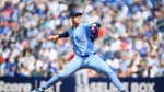 Toronto Blue Jays pitcher Bowden Francis (44) throws the ball during first inning MLB baseball action against the Los Angeles Angels in Toronto, Saturday, Aug. 24, 2024. THE CANADIAN PRESS/Christopher Katsarov