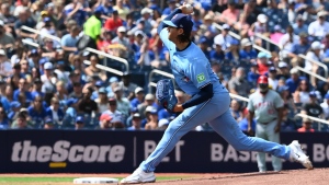 Toronto Blue Jays starting pitcher Kevin Gausman (34) throws to a Los Angeles Angels batter during first inning MLB baseball action in Toronto on Sunday, Aug 25, 2024. THE CANADIAN PRESS/Jon Blacker