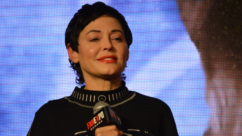 Actress Rose McGowan speaks during an appearance at Fan Expo Canada in downtown Toronto, Friday, August 23, 2024. (Joshua Freeman /CP24)
