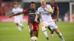 Forge FC midfielder Kyle Bekker (10) and Toronto FC midfielder Kosi Thompson (47) vie for the ball during first half Canadian Championship action in Toronto on Tuesday, Aug. 27, 2024. THE CANADIAN PRESS/Christopher Katsarov