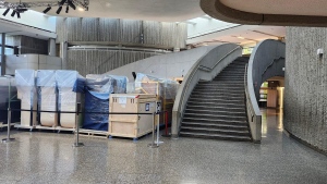 Boxes and exhibits wrapped in plastic seen at the Ontario Science Centre. (Submitted)