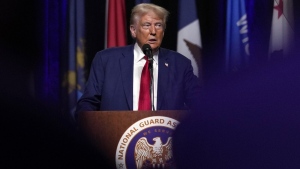 Republican presidential nominee former President Donald Trump speaks at the National Guard Association of the United States' 146th General Conference, Monday, Aug. 26, 2024, in Detroit. (AP Photo/Carolyn Kaster)