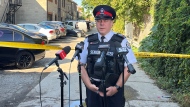 Acting Duty Inspector Jeff Bassingthwaite speaks with reporters at the scene of a fatal shooting near Eglinton Avenue West and Glenholme Avenue Sunday Sept. 1, 2024. (Ken Enlow /CP24)