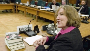 Stevie Cameron, author of On The Take, a book on the Mulroney Airbus affair, appears at the Commons Ethics committee looking into the Schreiber-Mulroney affair, in Ottawa Thursday Feb 14, 2008. Stevie Cameron died Saturday at home in Toronto from Parkinson's, her daughter Amy Cameron said, noting her mother also had dementia. She was 80. THE CANADIAN PRESS/Tom Hanson