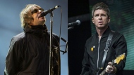 Liam Gallagher performs at the Reading Music Festival, England on Aug. 29, 2021, left, and Noel Gallagher performs at the Glastonbury Festival in Worthy Farm, Somerset, England, on June 25, 2022. (AP Photo)