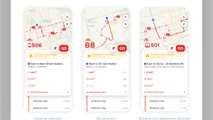 A screen grab from the Transit app shows a new feature that will show riders when their routes are on diversion. (Transit)