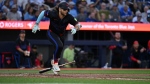 Toronto Blue Jays shortstop Bo Bichette (11) runs out a single against the Detroit Tigers during fifth inning American League baseball action in Toronto on Friday, July 19, 2024. All-star Bichette is progressing in his recovery from a strained calf. THE CANADIAN PRESS/Jon Blacker