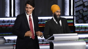 Liberal Leader Justin Trudeau, left, and NDP Leader Jagmeet Singh, prepare for the start of the federal election English-language Leaders debate in Gatineau, Que., on Thursday, Sept. 9, 2021. The NDP has pulled out of a confidence and supply agreement with the Liberals. THE CANADIAN PRESS/Justin Tang
Liberal Leader Justin Trudeau, left, and NDP Leader Jagmeet Singh, prepare for the start of the federal election English-language Leaders debate in Gatineau, Que., on Thursday, Sept. 9, 2021. The NDP has pulled out of a confidence and supply agreement with the Liberals. THE CANADIAN PRESS/Justin Tang