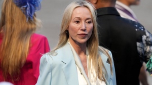 Belinda Stronach, CEO and president of 1/ST, stands in the winner's circle at the Pegasus World Cup Invitational horse race, Jan. 28, 2023, at Gulfstream Park in Hallandale Beach, Fla. (AP Photo/Lynne Sladky)