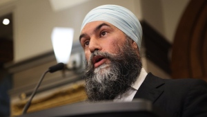 New Democratic Party Leader Jagmeet Singh speaks in the Foyer of the House of Commons about the NSICOP report, on Parliament Hill in Ottawa, on June 13, 2024. THE CANADIAN PRESS/ Patrick Doyle