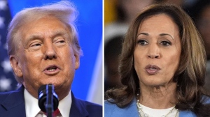 This combination photo shows Republican presidential nominee former President Donald Trump at an event, Aug. 15, 2024, in Bedminster, N.J., left, and Democratic presidential nominee Vice President Kamala Harris at a campaign event in Raleigh, N.C., Aug. 16, 2024. (AP Photo)