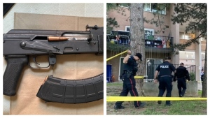 One of the guns seized as part of a homicide investigation is shown on the left. On the right, police are shown investigating at the scene of the June 27 homicide.