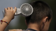 FILE - A boy cools himself with an electric fan on a sweltering day at a park in Tongzhou, on the outskirts of Beijing, Monday, June 10, 2024. (AP Photo/Andy Wong)