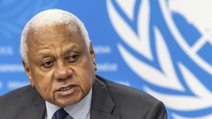 Mohamed Chande Othman, chair of the of the United Nations Fact-Finding Mission, presents its first investigative report to the media during a press conference at the European headquarters of the United Nations in Geneva, Switzerland, Friday, Sept. 6, 2024. (Salvatore Di Nolfi/Keystone via AP)