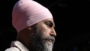 NDP Leader Jagmeet Singh speaks to the media while campaigning Friday, Sept. 6, 2024 in Montreal.The New Democrats included stock images from Russia and Israel in a recent high-profile video, weeks after the party criticized the Conservatives for using non-Canadian images in their content.THE CANADIAN PRESS/Ryan Remiorz