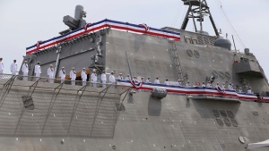 Thousands attend the commissioning ceremony for the USS Manchester at the New Hampshire State Pier in Portsmouth, N.H.,on Saturday, May 26, 2018. (Ioanna Raptis/Portsmouth Herald via AP) 