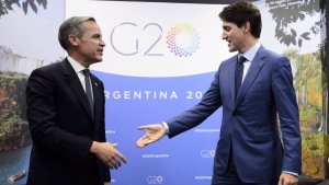 Prime Minister Justin Trudeau meets with then Bank of England governor Mark Carney at the G20 Summit in Buenos Aires, Argentina on Friday, Nov. 30, 2018. THE CANADIAN PRESS/Sean Kilpatrick