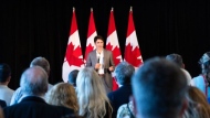 Prime Minister Justin Trudeau speaks at a Liberal Party fundraiser event in Halifax on Aug. 27, 2024. Trudeau will face a fretful and strained caucus in British Columbia Monday, who will be looking to him to finally reveal his plan to address the political free fall the party has endured for months. THE CANADIAN PRESS/Kelly Clark