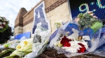 A memorial is seen at Apalachee High School after the Wednesday school shooting, Saturday, Sept. 7, 2024, in Winder, Ga. (AP Photo/Mike Stewart)