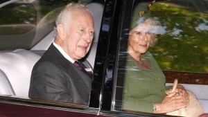 King Charles and Queen Camilla arrive at Crathie Kirk, near Balmoral, for a Sunday church service, Sunday Sept. 8, 2024. (Aaron Chown/PA via AP)
