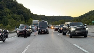 This image released by the Mount Vernon Fire Department shows traffic stopped during an active shooting on Interstate 75 north of London, Ky., Saturday, Sept. 7, 2024. (Camden Mink/Mount Vernon Fire Department via AP)