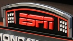 FILE - The ESPN logo is seen, Sept. 16, 2013, prior to an NFL football game between the Cincinnati Bengals and the Pittsburgh Steelers in Cincinnati. (AP Photo/David Kohl, File)