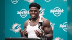 Miami Dolphins wide receiver Tyreek Hill speaks during an NFL football post game news conference, Sunday, Sept. 8, 2024, in Miami Gardens, Fla. The Dolphins defeated the Jaguars 20-17. (AP Photo/Rebecca Blackwell)