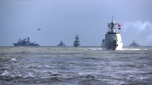 In this photo released by Xinhua News Agency, Chinese and Russian warships take part in a joint naval drills in the East China Sea, Dec. 27, 2022. (Xu Wei/Xinhua via AP, File)
