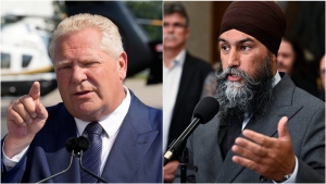 Ontario Premier Ford (left) says he believes national NDP Leader Jagmeet Singh will continue to prop up Prime Minister Justin Trudeau's Liberal government after tearing up their confidence-and-supply agreement. (The Canadian Press/Frank Gunn, Justin Tang)