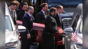 The remains of Matthew Gaudreau arrives for his and his brother Columbus Blue Jackets hockey player John Gaudreau's funeral at St. Mary Magdalen Catholic Church in Media, Pa., Monday, Sept. 9, 2024. (AP Photo/Matt Rourke)