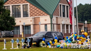 A memorial is seen at Apalachee High School in Winder, Georgia, on Saturday, September 7, three days after the school shooting. (Mike Stewart/AP via CNN Newsource)