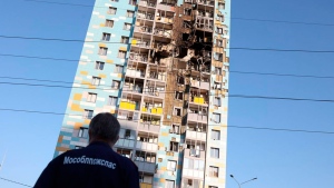 The site of a damaged multi-storey residential building following an alleged Ukrainian drone attack in Ramenskoye, outside Moscow, Russia, Sept. 10, 2024. (Moscow Region Governor Andrei Vorobyev official Telegram channel via AP)