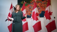 Freeland speaks to reporters at the Liberal caucus retreat in Nanaimo, B.C., Tuesday, Sept. 10, 2024. THE CANADIAN PRESS/Darryl Dyck