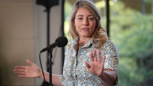 Foreign Affairs Minister Mélanie Joly told reporters at the Liberal caucus retreat that “will not have any forms of arms” made in Canada used in the Gaza Strip. Joly speaks to reporters at the Liberal caucus retreat in Nanaimo, B.C., Tuesday, Sept. 10, 2024. THE CANADIAN PRESS/Darryl Dyck
