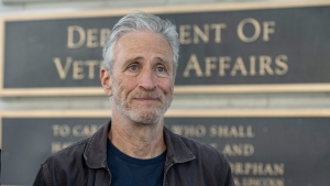 Jon Stewart takes part in an interview outside the Department of Veterans Affairs, July 26, 2024 in Washington. (AP Photo/Kevin Wolf)