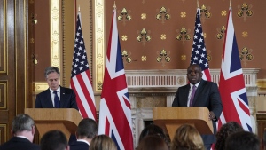 U.S. Secretary of State Antony Blinken, left, listens to Britain's Foreign Secretary David Lammy during a joint press conference in the Locarno room at the Foreign, Commonwealth and Development Office (FCDO) in London, Tuesday, Sept. 10, 2024. (AP Photo/Alberto Pezzali)