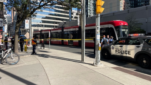 Police are on the scene of a stabbing on a streetcar on Dundas Street West, near University Avenue, on Tuesday, Sept. 10, 2024. (Tomislav Stefanac/CP24)