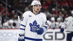 Toronto Maple Leafs winger Nick Robertson (89) looks on during the second period of an NHL hockey game against the Washington Capitals, Wednesday, March 20, 2024, in Washington. The Maple Leafs re-signed Robertson to a one-year contract worth US$875,000 on Tuesday.THE CANADIAN PRESS/AP/Nick Wass