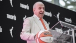 Larry Tanenbaum gives remarks during a news conference announcing the city's WNBA franchise in Toronto on May 23, 2024. THE CANADIAN PRESS/Christopher Katsarov