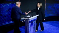 U.S. Vice President Kamala Harris, right, and former U.S. president Donald Trump shake hands during the second presidential debate at the Pennsylvania Convention Center in Philadelphia, Pennsylvania, on Tuesday, Sept. 10, 2024. (Doug Mills/The New York Time/Bloomberg via Getty Images)