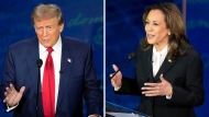 This combination of photos shows Republican presidential nominee former President Donald Trump, left, and Democratic presidential nominee Vice President Kamala Harris during an ABC News presidential debate at the National Constitution Center, Tuesday, Sept. 10, 2024, in Philadelphia. (AP Photo/Alex Brandon)