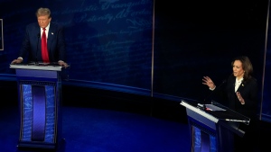 Republican presidential nominee former President Donald Trump and Democratic presidential nominee Vice President Kamala Harris participate during an ABC News presidential debate at the National Constitution Center, Tuesday, Sept.10, 2024, in Philadelphia. (AP Photo/Alex Brandon)