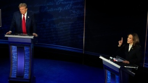 Republican presidential nominee former President Donald Trump and Democratic presidential nominee Vice President Kamala Harris participate during an ABC News presidential debate at the National Constitution Center, Tuesday, Sept.10, 2024, in Philadelphia. (AP Photo/Alex Brandon)