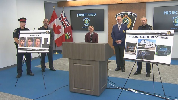 Police are shown during a news conference to announce the results of an auto theft investigation dubbed 'Project Ninja' on Sept. 11, 2024.